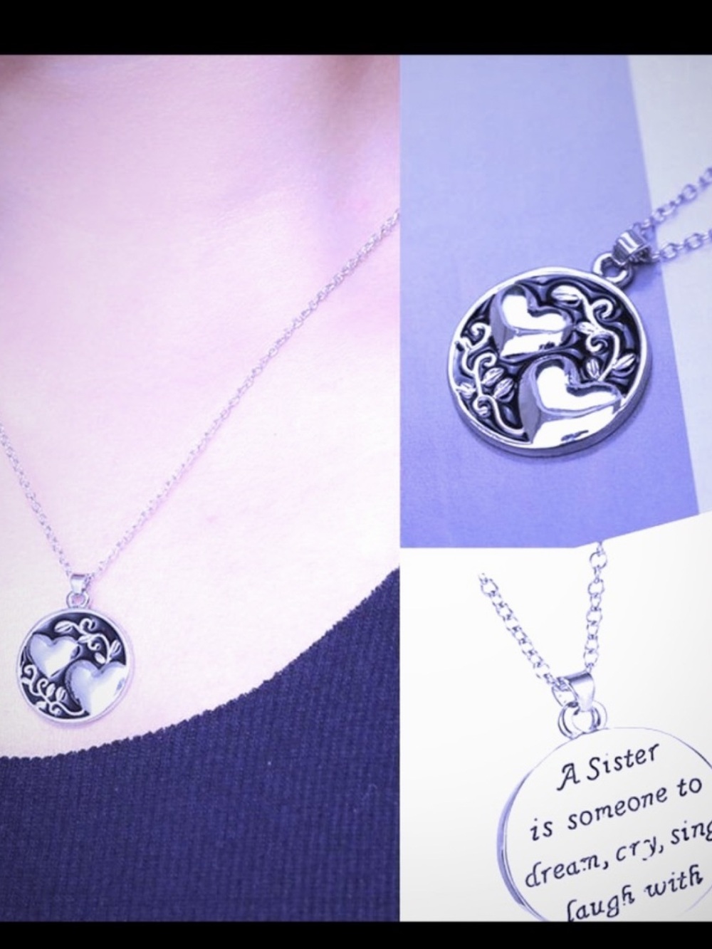 Silver necklace Sister Love 3d Heart Double Sided Neckace NWT